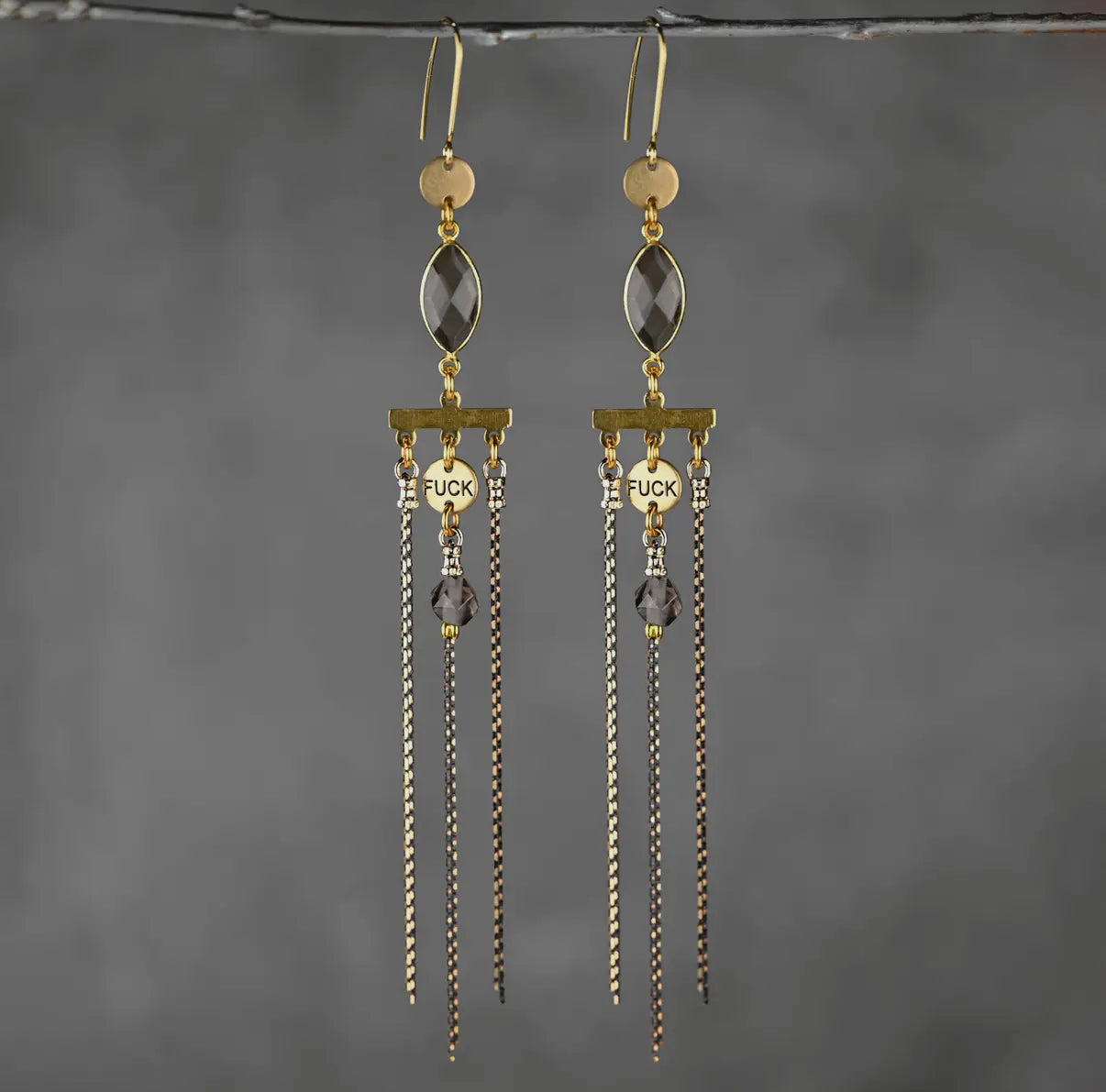 Dramatic As Fuck Smoky Quartz Earrings with Six-Chain Tassel