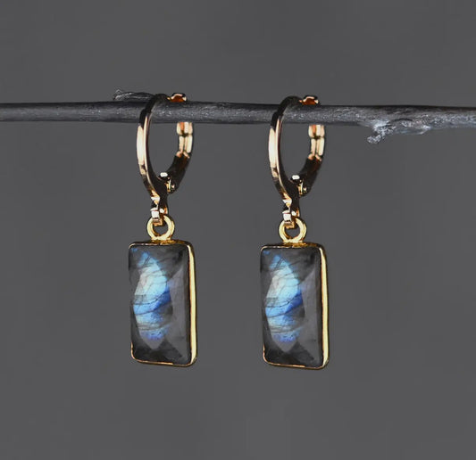 Golden Huggie with Rectangle Semi Precious Earrings