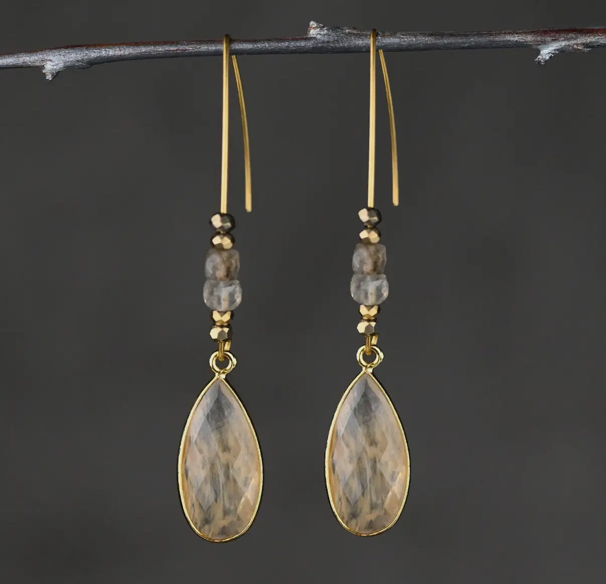 Long Wire Golden Rutile Tear w/ Labradorite Cube Earrings