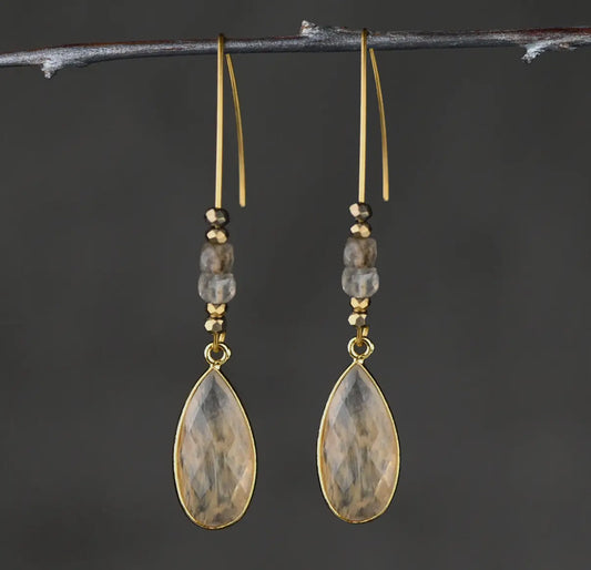 Long Wire Golden Rutile Tear w/ Labradorite Cube Earrings