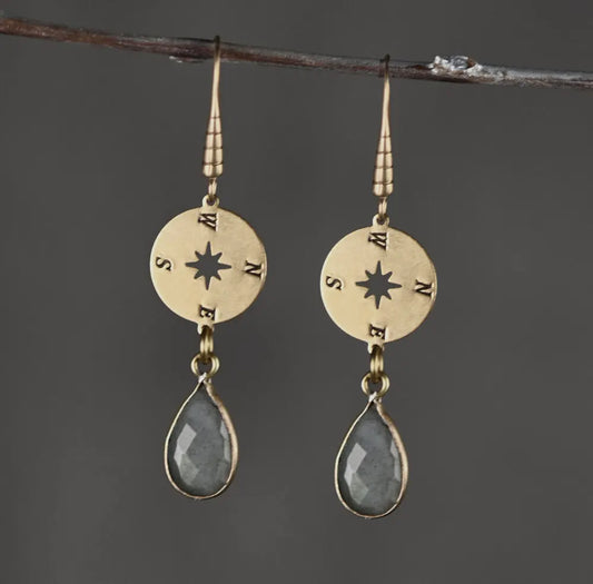 Brass Compass w/ Semi Precious Tear Drop