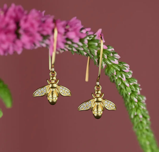Small Brass Vintage Bees w/ Tiny Crystals Earrings