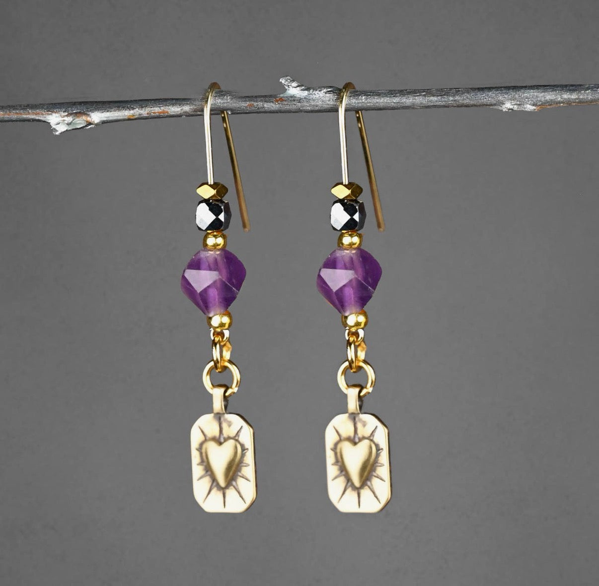 Antique Brass Radiating Heart w/ Gemstone Long Wire Earrings