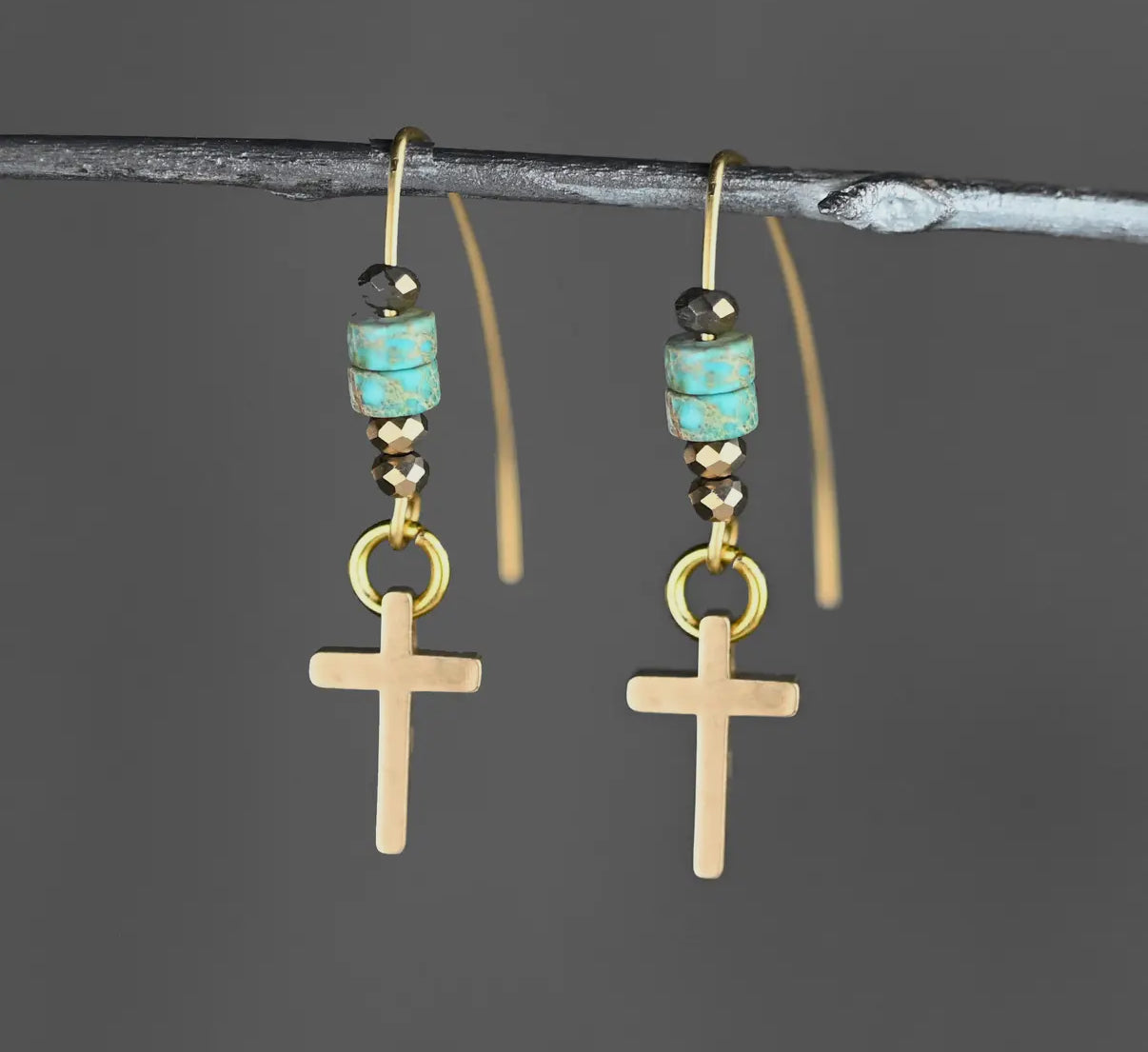 Small Brass Cross w/ Semi
Precious Turq Jasper Earrings