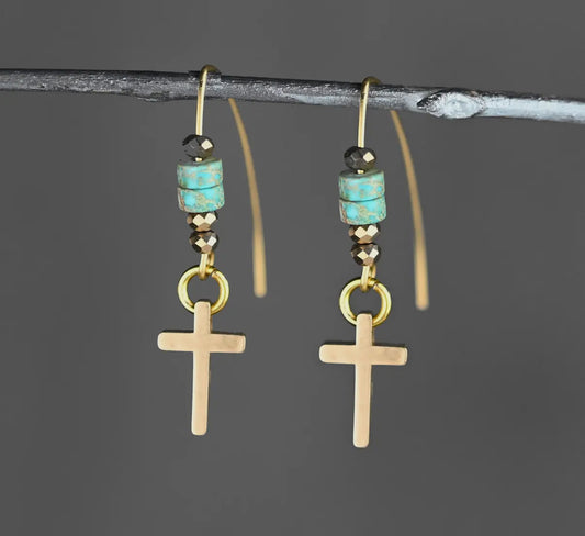 Small Brass Cross w/ Semi
Precious Turq Jasper Earrings