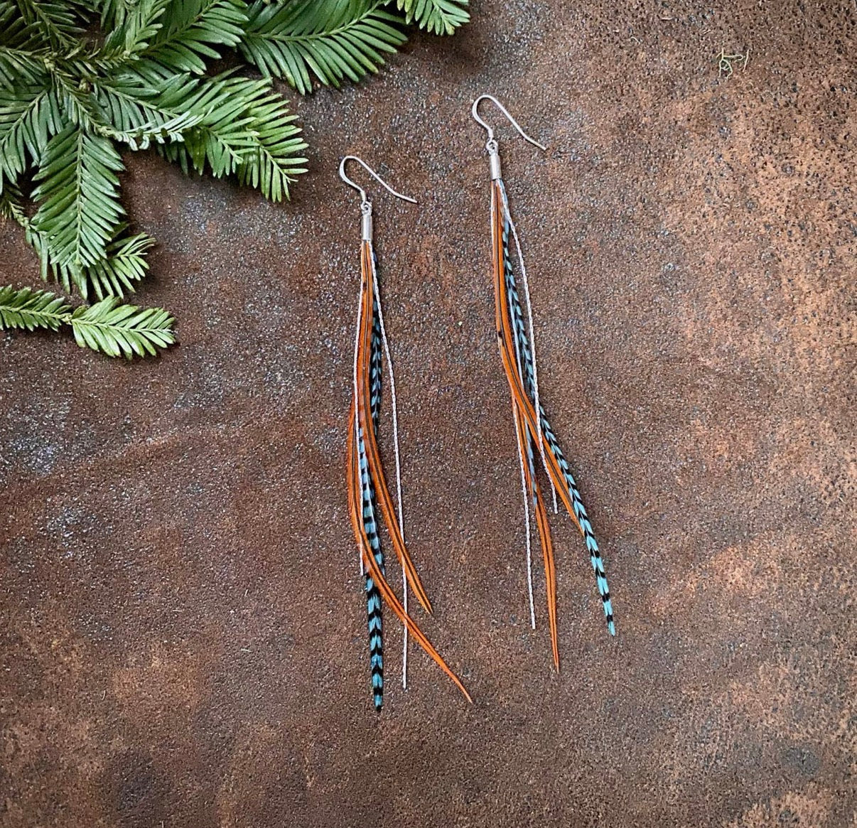 Mini Feather Earrings - Teal Grizzly & Fawn/Silver, Western