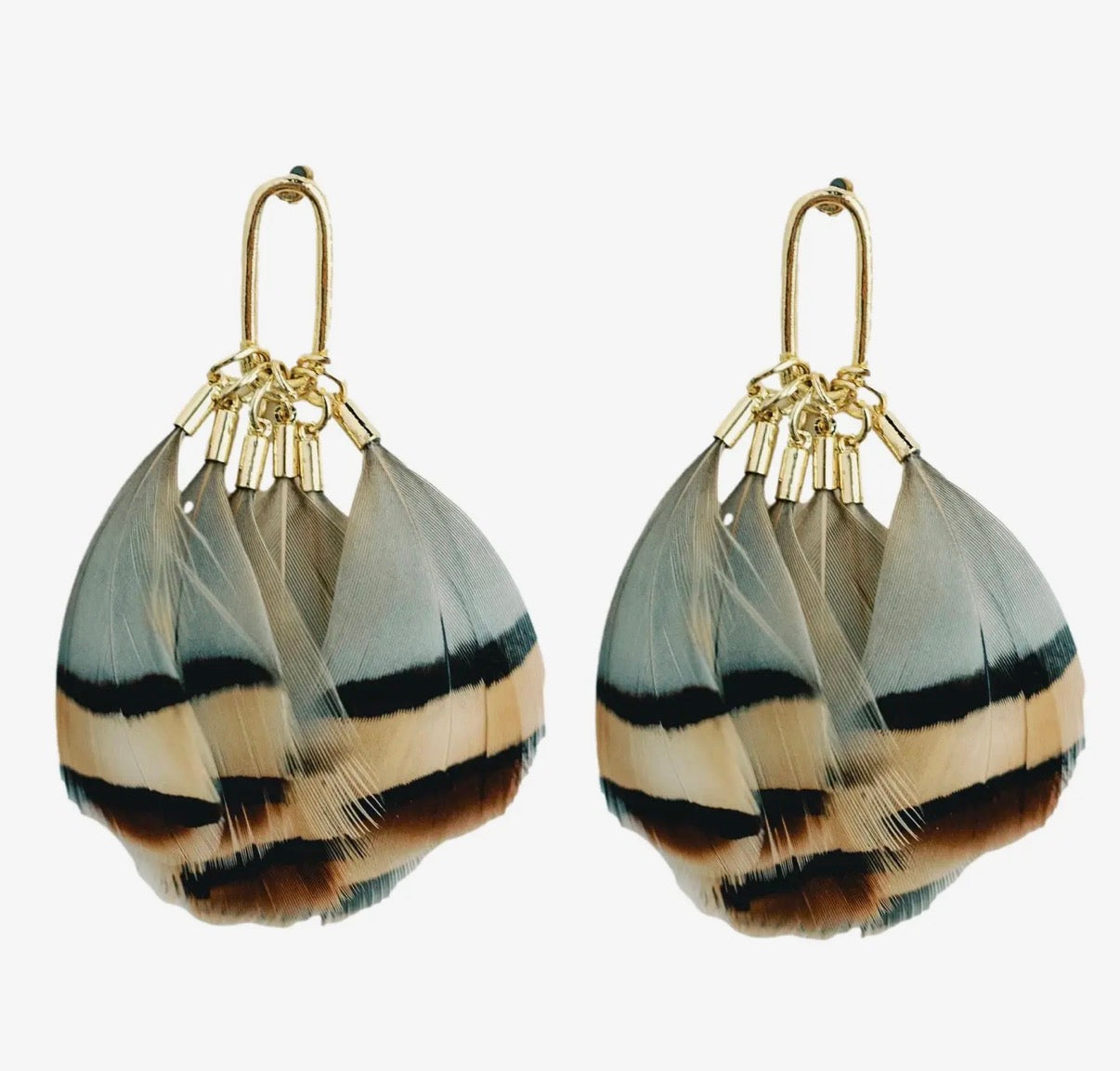 Brown Striped Fall Feather Statement Tassel Earrings