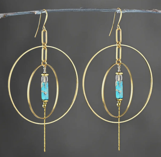 Double Hoop w/ Semi Precious Chain Drop Earrings