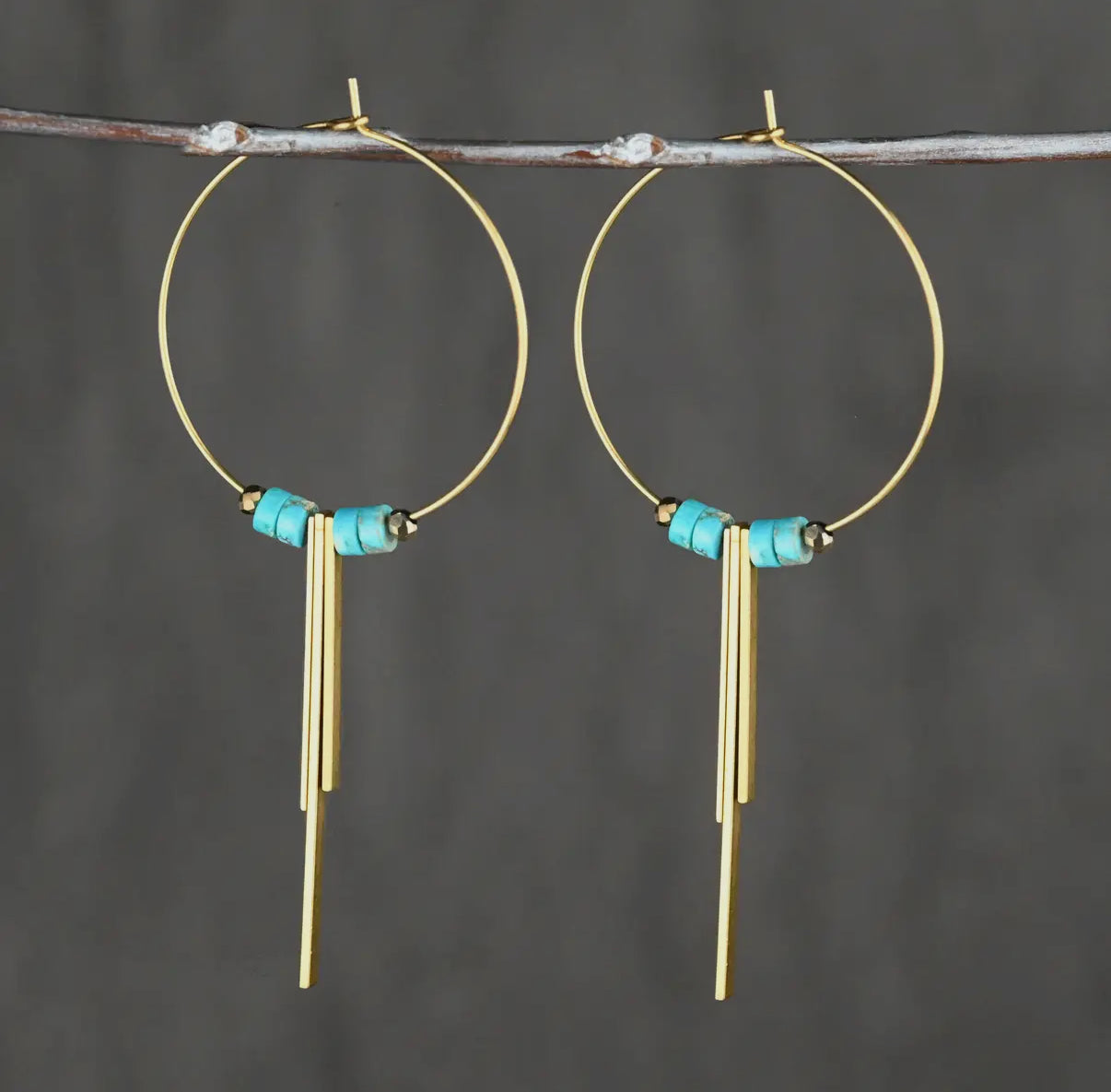 35mm Brass Hoops w/ 3 Bars & Turquoise Jasper Earrings