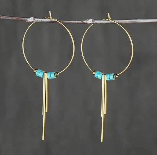 35mm Brass Hoops w/ 3 Bars & Turquoise Jasper Earrings