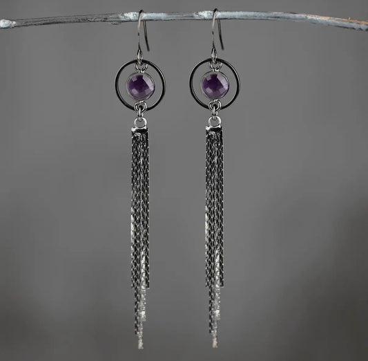 Caged Semi Precious Circle
Shimmer Tassel Earrings (Gunmetal)