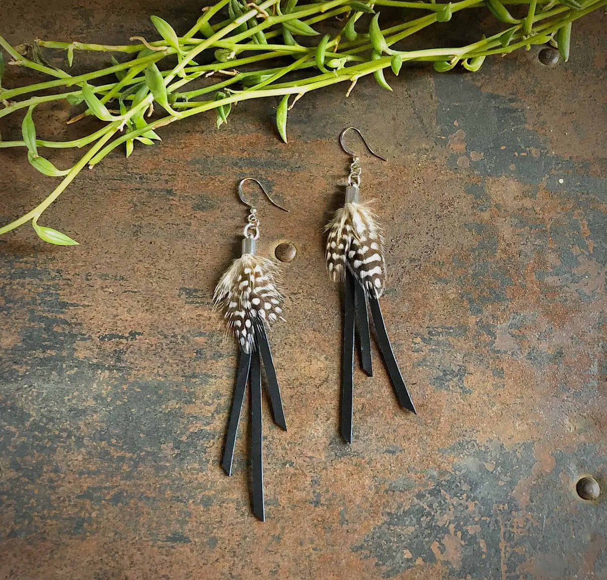 Feather Mini Earrings - Black Leather & Guinea Hen Feathers