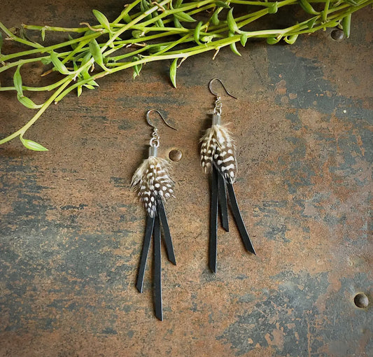 Feather Mini Earrings - Black Leather & Guinea Hen Feathers