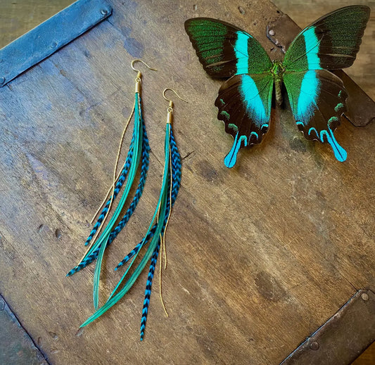 Mini Feather Earrings - Green & Turquoise/Gold