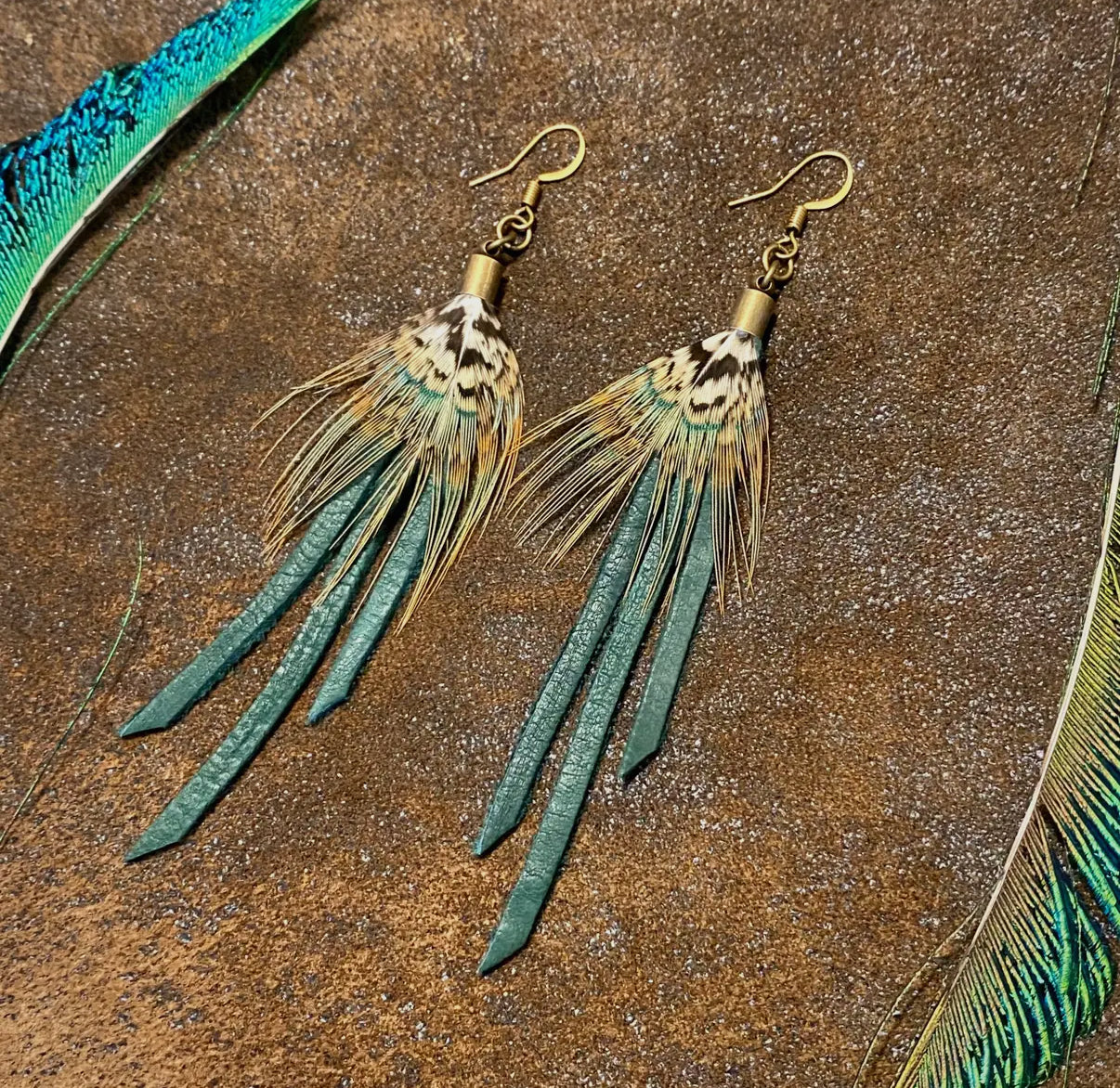 Feather Mini Earrings - Hunter Leather & Pheasant Feather