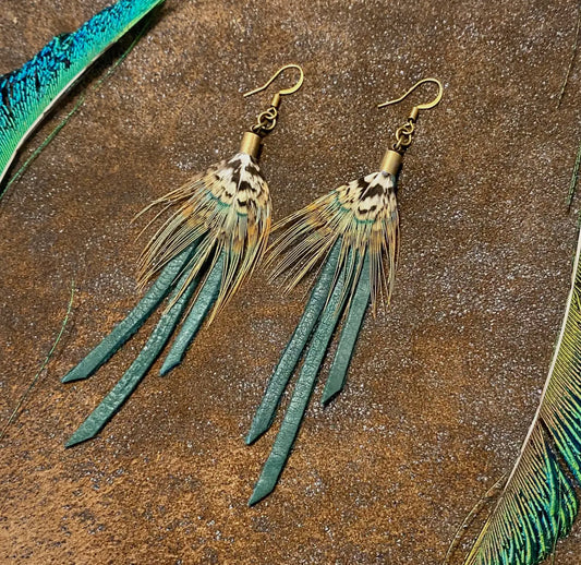 Feather Mini Earrings - Hunter Leather & Pheasant Feather