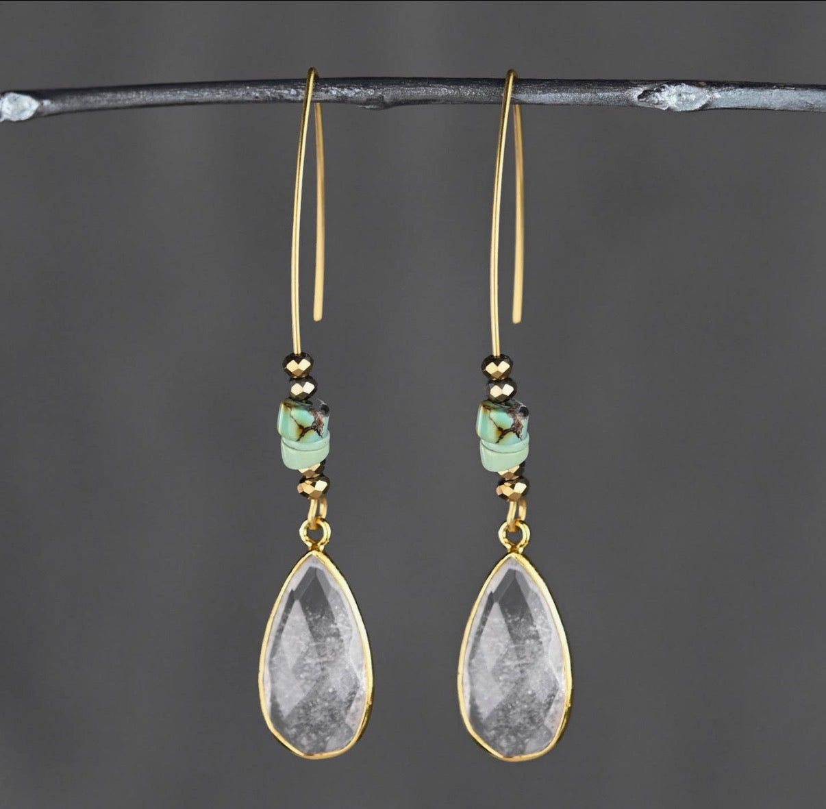White Rutile Tear w/
Turquoise Jasper Earrings