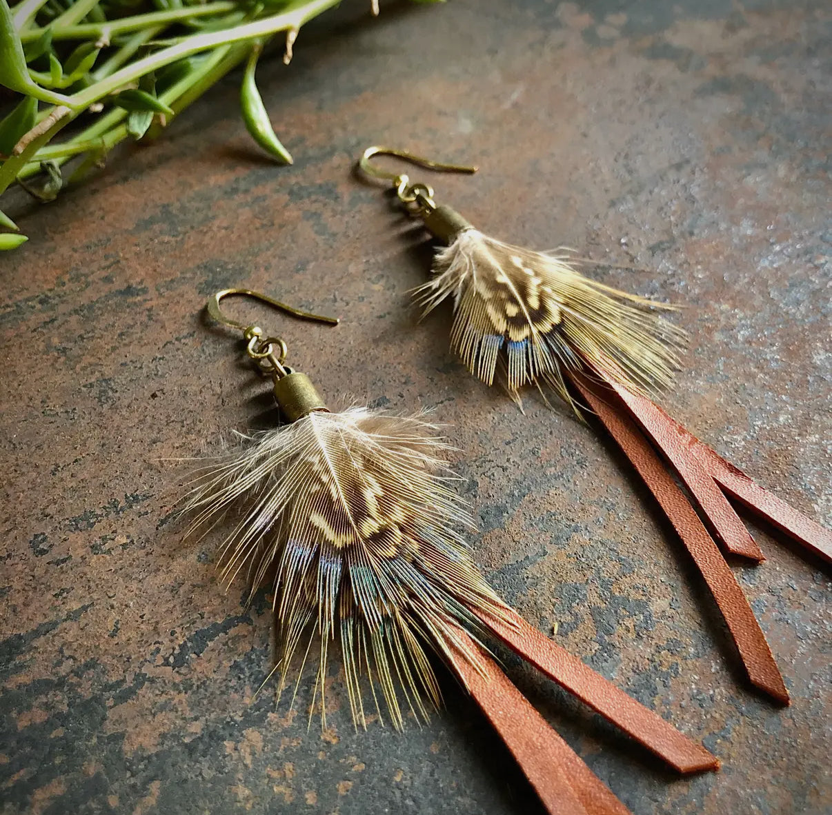 Feather Mini Earrings - Rust Leather & Pheasant Feathers