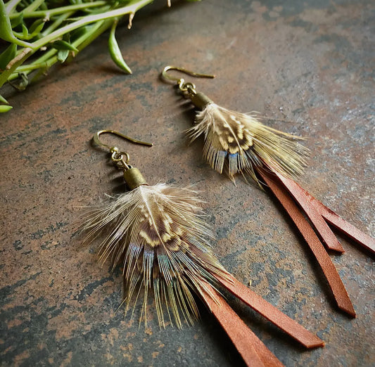 Feather Mini Earrings - Rust Leather & Pheasant Feathers