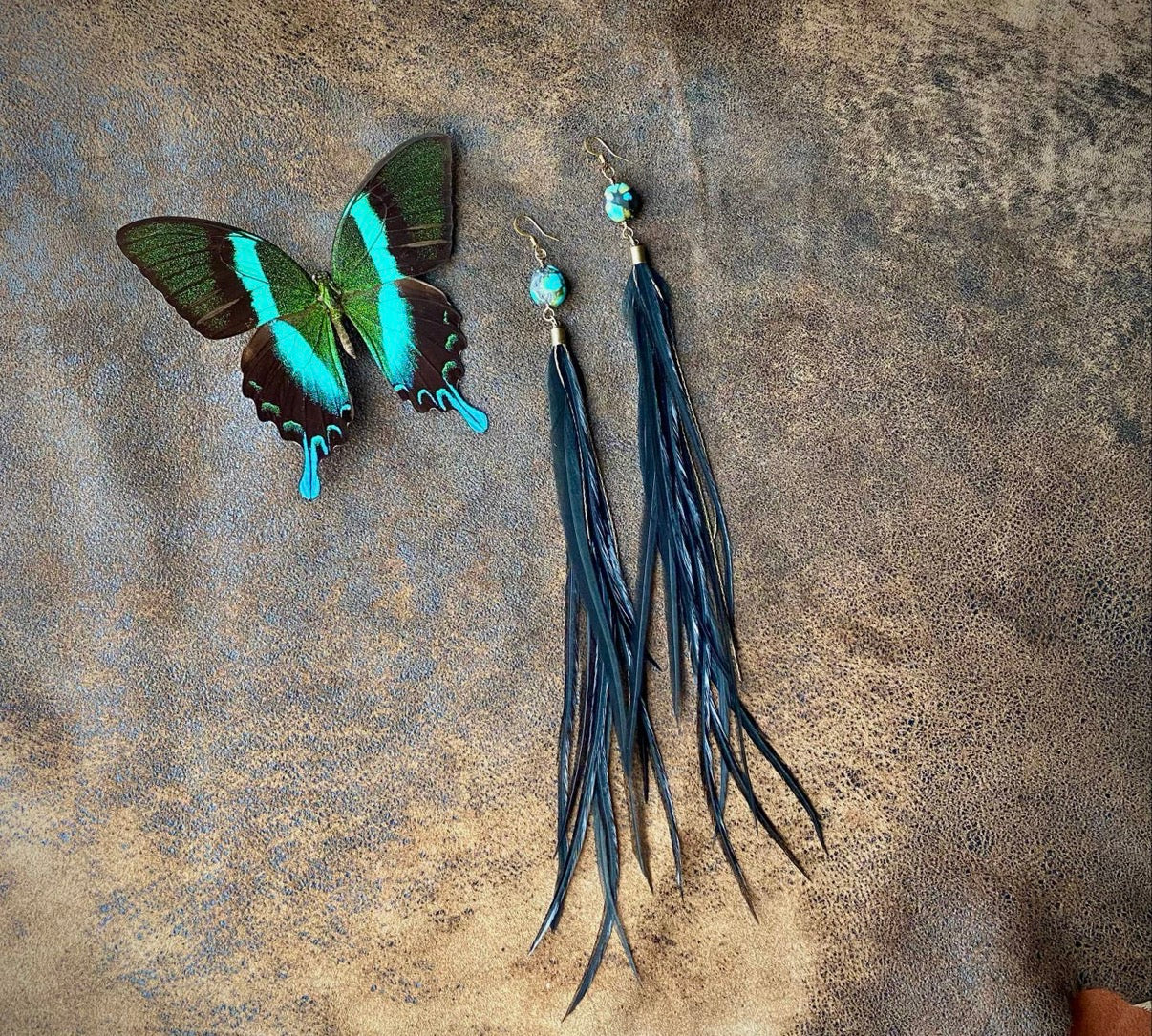 Turquoise & Long Feather
Earrings - Black, Boho Western