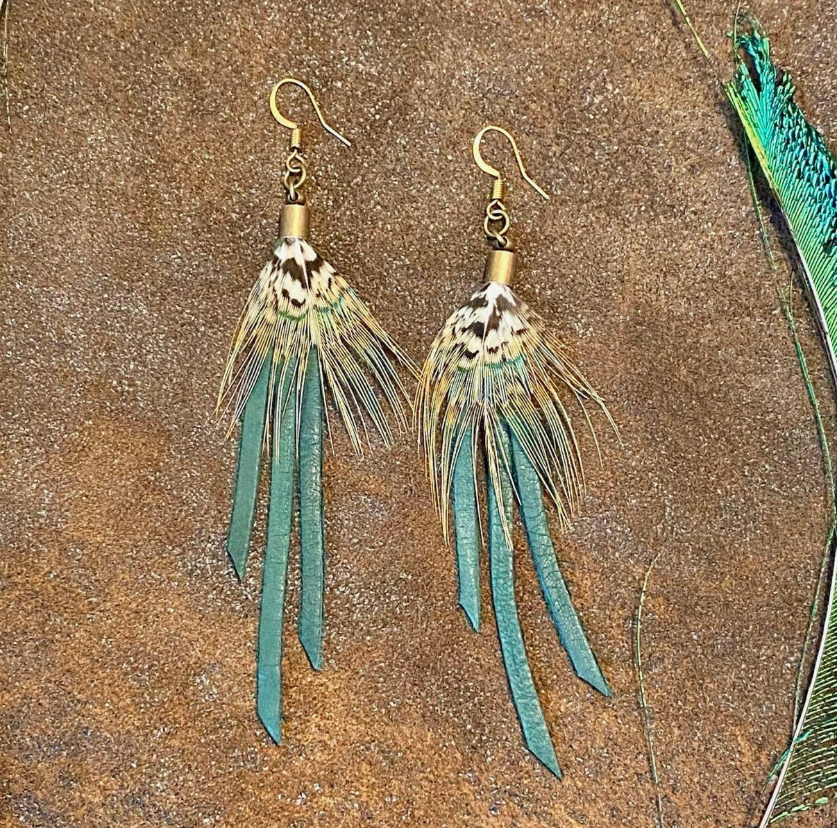 Feather Mini Earrings - Hunter Leather & Pheasant Feather