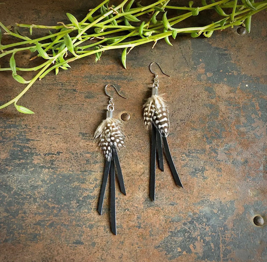 Feather Mini Earrings - Black Leather & Guinea Hen Feathers
