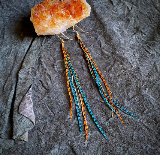 Mini Feather Earrings - Orange Grizzly & Turquoise Grizzly