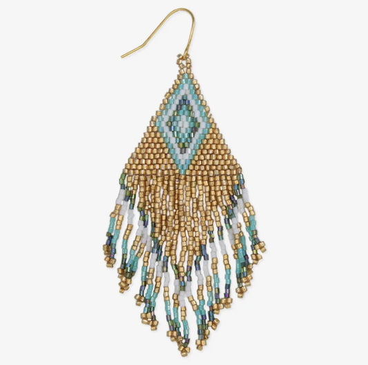 Gold & Teal Woven Beaded
Fringe Earrings