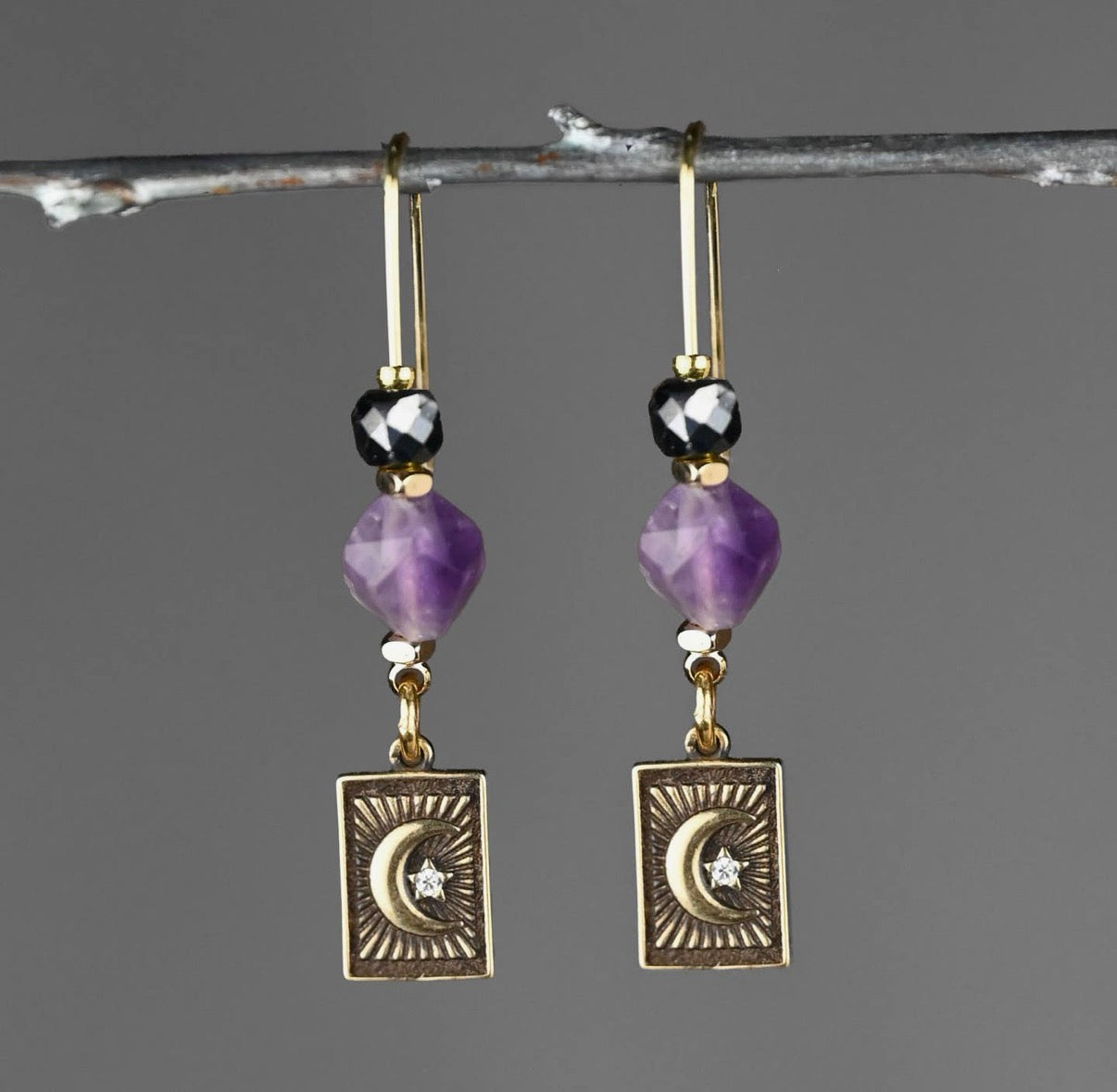 Vintage Antiqued Moon & Star w/ Gemstone Long Wire
Earrings