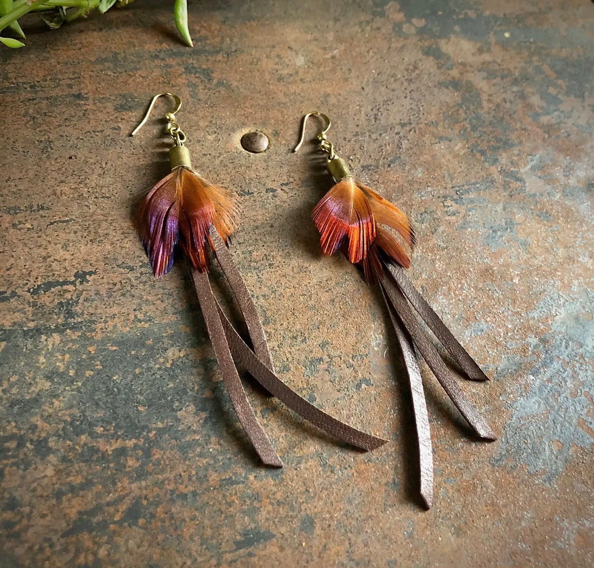Feather Mini Earrings -
Chocolate Leather & Pheasant Feather