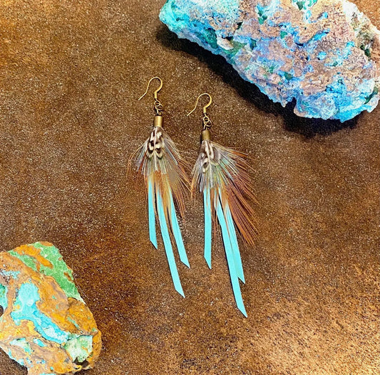 Feather Mini Earrings -
Turquoise Leather & Pheasant Feather