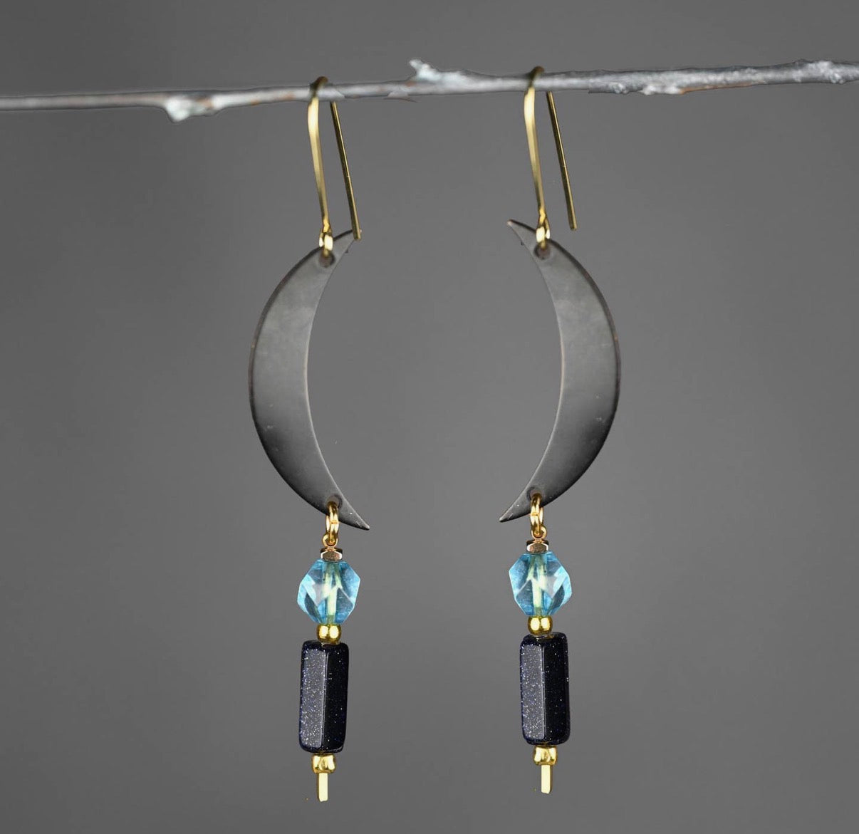 Celestial Black Moon w/ Gemstone Stick Drop Earrings