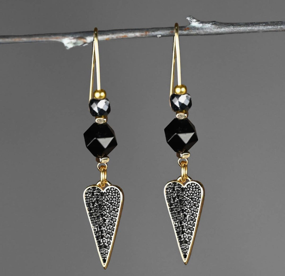 Black Pave Hearts w/ Gemstone Long Wire Earrings