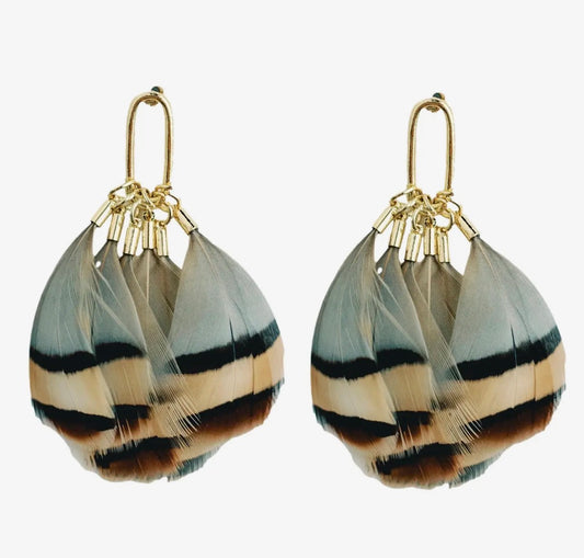 Brown Striped Fall Feather Statement Tassel Earrings