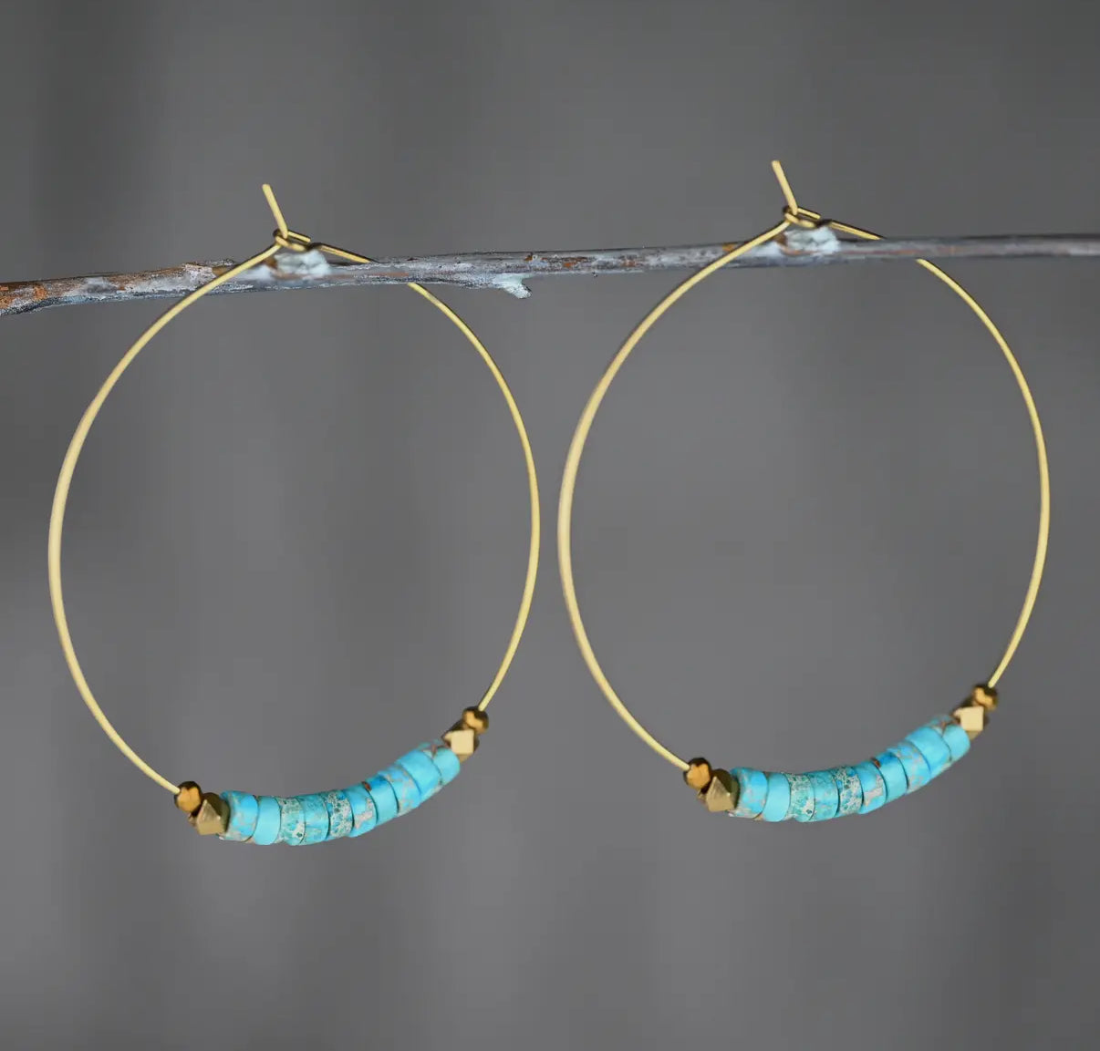 50mm Brass Hoops w/ Turquoise Jasper Earrings