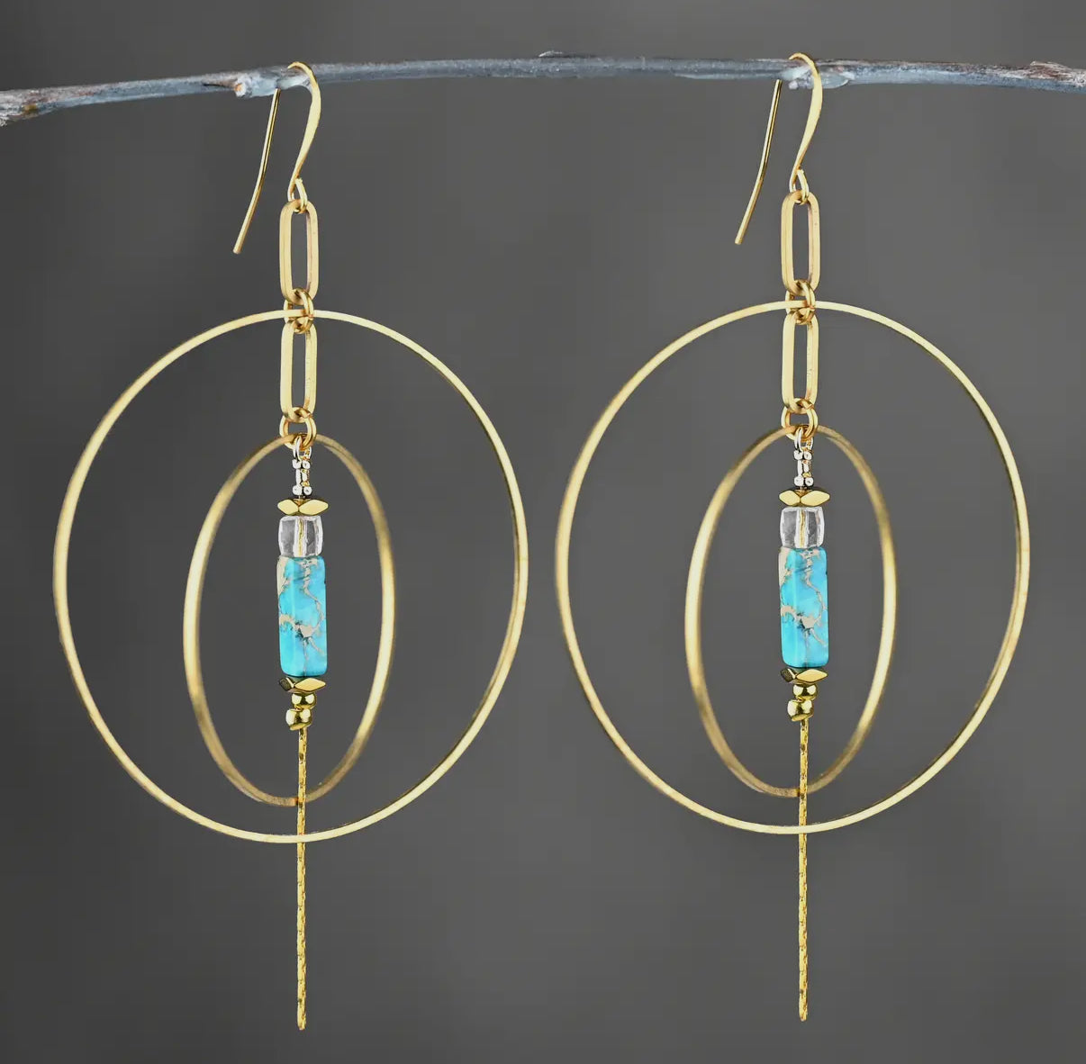 Double Hoop w/ Semi Precious Chain Drop Earrings
