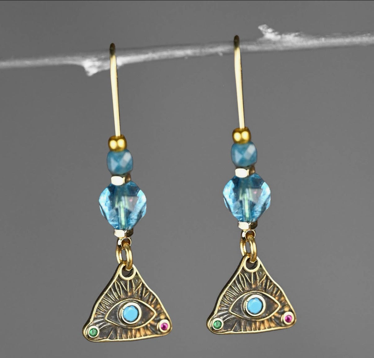 Antiqued Triangle Cast Eye w/ Gemstone Long Wire Earrings