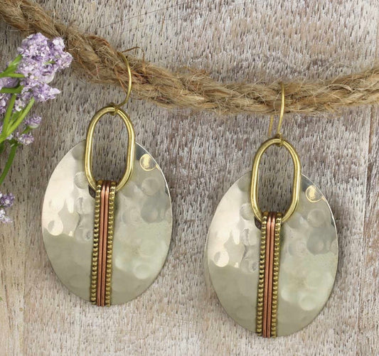 Mixed Metal Hammered Silver Oval Earring