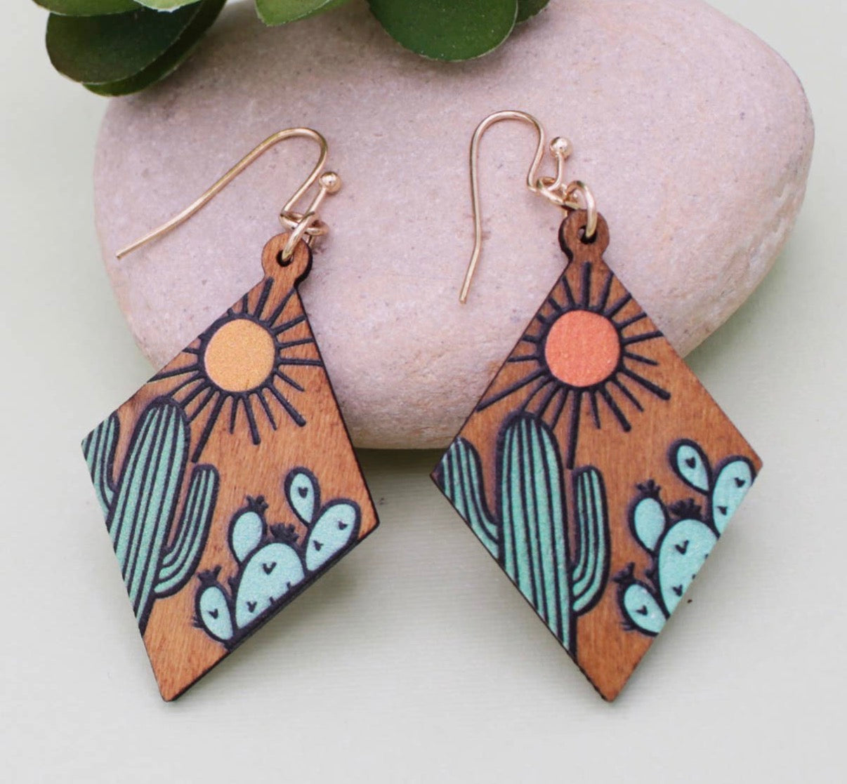 Desert Dreams Cactus Sketch Wood Earrings