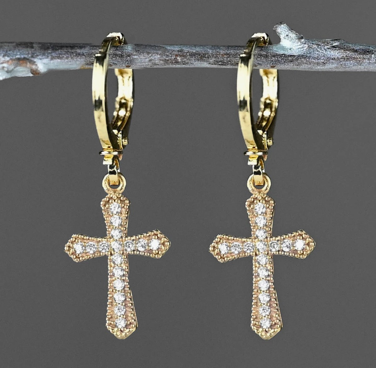 Golden Huggie Pave Crystal
Cross Earrings