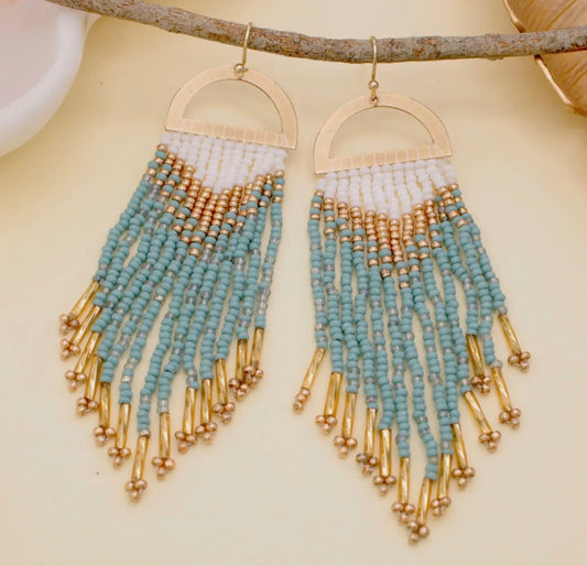 Gold Mint Beaded Fringe Half Circle Earrings