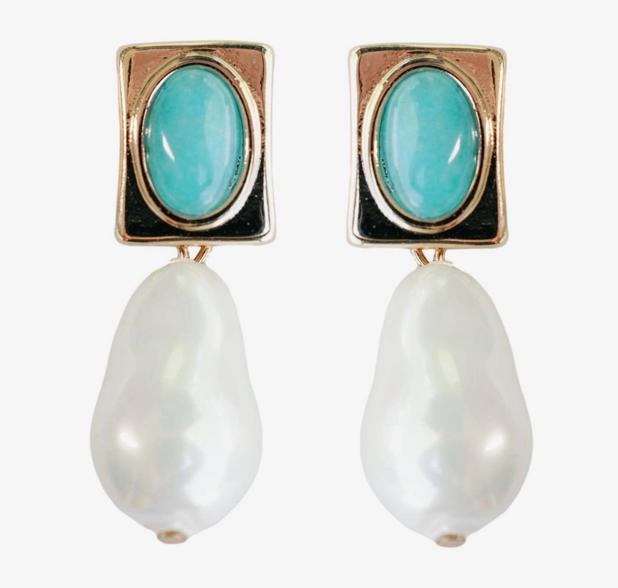 Vintage Square Turquoise and Natural Pearl Drop Earrings
