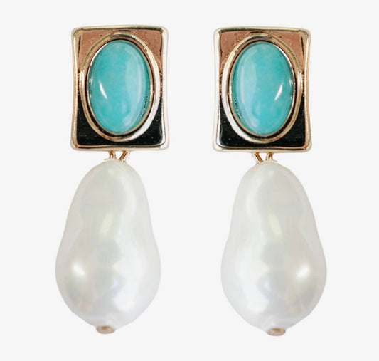 Vintage Square Turquoise and Natural Pearl Drop Earrings