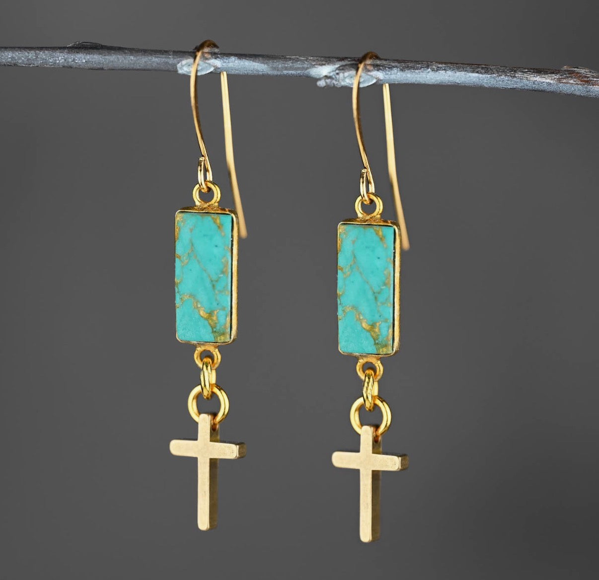 Cross w/ Rectangle Semi
Precious Earrings (Turquoise Howlite)