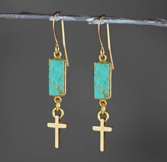 Cross w/ Rectangle Semi
Precious Earrings (Turquoise Howlite)